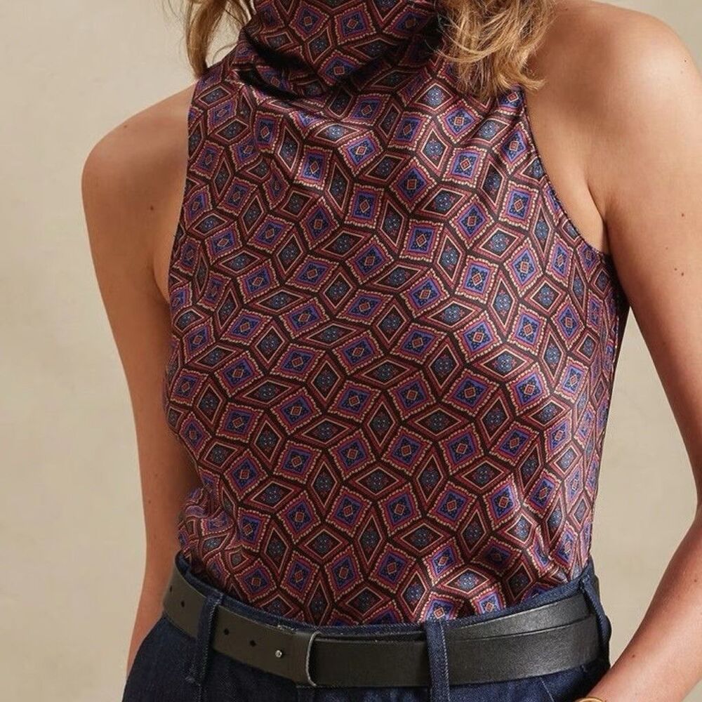 Banana Republic Eclipse 100% Silk Top Red Geo Print Size L Dressy Casual